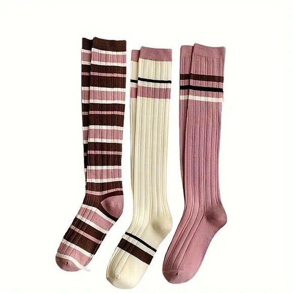 Women's Pink Striped Knee High Socks 3 Pair Pack Fairy Maiden NEW - Picture 1 of 6